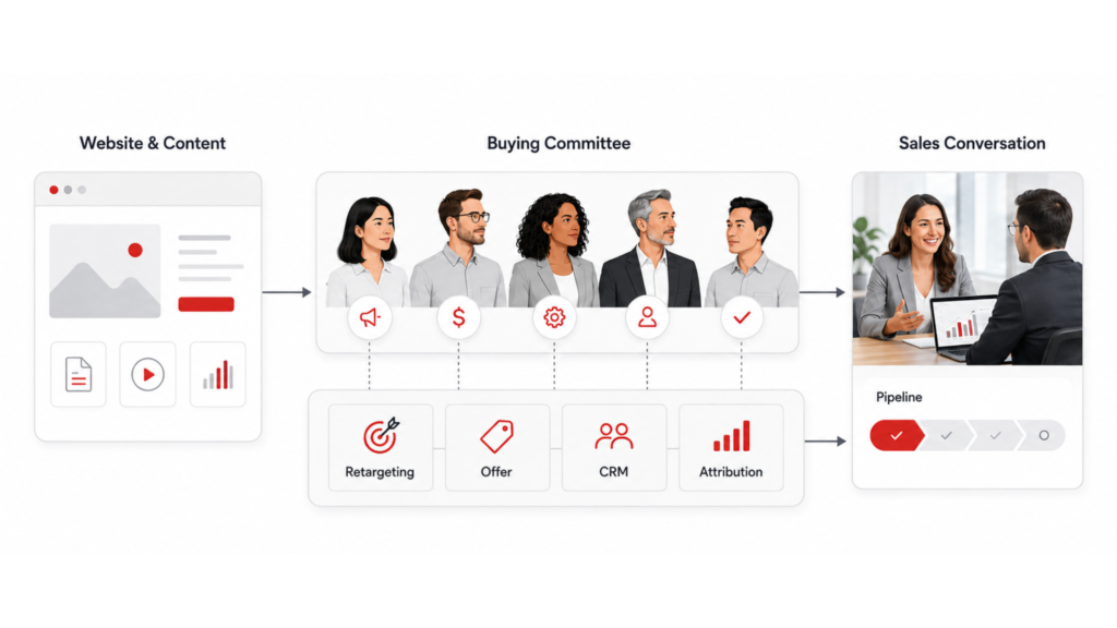 B2B SaaS retargeting system moving buying committees from interest to qualified sales conversation