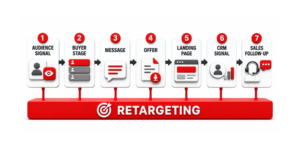 B2B SaaS retargeting campaign mapped to buyer journey stages, offers, CRM signals, and qualified pipeline progression.
