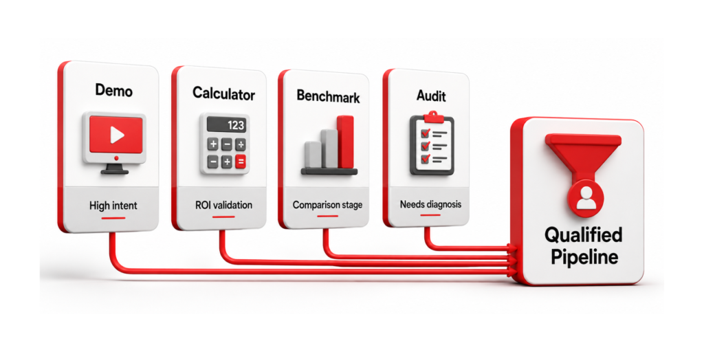 B2B SaaS retargeting offer comparison showing demo, calculator, benchmark, and audit options by buyer readiness
