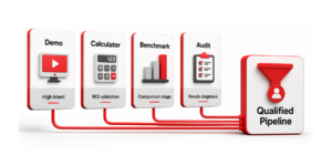 B2B SaaS retargeting offer comparison showing demo, calculator, benchmark, and audit options by buyer readiness