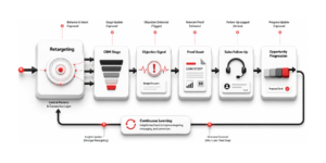 Diagram showing paid retargeting connected to CRM stages, proof assets, sales follow-up, and SaaS opportunity progression.